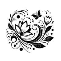 Elegant Black and White Floral Arrangement Featuring Lotus Flowers, Leaves, Spirals, Butterfly, and Dots on a Clean White Background. vector
