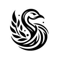 Stylized Black and White Swan Design Elegant Geometric Composition with Leafy Accents and Minimalist Aesthetic. vector