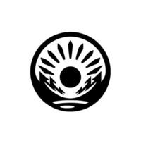 A stylized, circular featuring a sunburst emanating from a central circle, flanked by stylized mountain and arrow shapes, all in bold black on a white background. vector