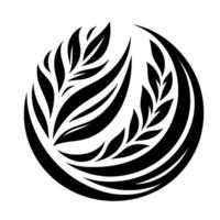 A symmetrical, black and white illustration of stylized leaves and curving lines forming a circular design, reminiscent of a badge or emblem. vector