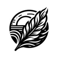 A stylized, minimalist blackandwhite illustration featuring a feather emerging from a circular suggesting a sunset over water, with bold lines and a textured look. vector