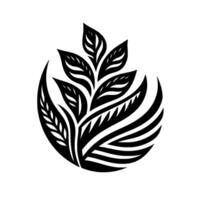 Abstract black and white botanical featuring stylized leaves and curved shapes within a circular form, suggestive of growth and natural beauty. vector