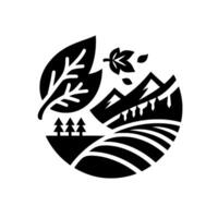 A stylized black and white illustration within a circle, depicts a natural landscape featuring a large leaf, falling leaves, mountains, trees, and rolling fields. vector