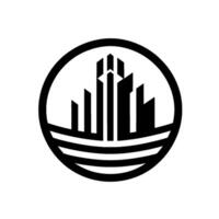Stylized Black and White Circular Logo Abstract Cityscape on Wavy Base within a Circle. vector
