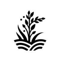 A minimalist black and white illustration of a plant with leaves and berries emerging from stylized grassy ground, set against a stark white background. vector