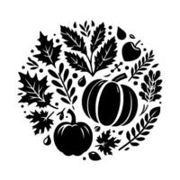 Black and White Circular Illustration of Autumnal Elements Featuring Pumpkins, Leaves, and Berries on White Background. vector