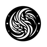 Abstract black and white circular featuring stylized wheat or leaflike elements within a circular frame, with subtle shadowing and a minimalist aesthetic. vector