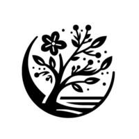 Monochrome Floral Emblem A stylized black tree featuring blossoms, leaves, and berries encapsulated within a circular border with horizontal lines, evoking natural harmony. vector