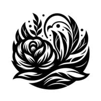 A symmetrical floral design, a stylized black and white illustration of a rose with flowing leaves, a decorative circular composition with a minimalist aesthetic, surrounded by dots. vector