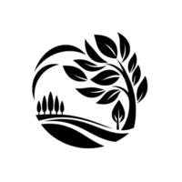 A minimalist black and white showcasing a stylized tree with lush leaves, situated within a circular landscape with rolling hills and smaller trees, conveying a sense of nature and simp vector