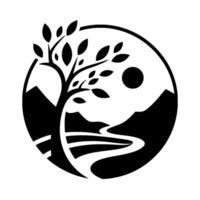 A monochrome circular illustration featuring a stylized tree, a river, mountains, and the sun, symbolizing natures elements. vector