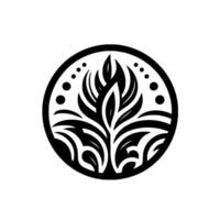 Black and white stylized botanical within a circular frame, featuring a central floral element with intricate leaf designs and dot accents, centered on a white background. vector