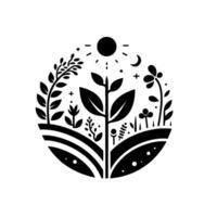 Minimalist Black White Circular Illustration Flourishing Flora and Celestial Elements Depicting Natures Harmony Growth vector