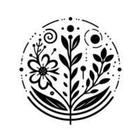 Minimalist Black and White Floral Emblem A Circular Botanical Composition with Leafy Branches and a Central Bloom, Framed by Decorative Dots and Lines. vector