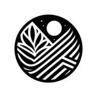 Abstract geometric black and white circular composition of a stylized landscape, with mountains, foliage, moon, stars, and clean lines, evoking minimalism. vector