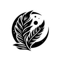 Stylized Black Feather Silhouette Within a Crescent Moon on White, Evoking Serenity and Elegance. vector