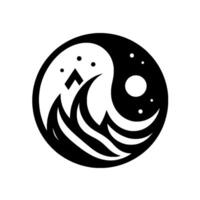 Symbolic YinYang design A black and white circular composition, with elements of waves, stars, and a mountainous shape, contrasting light and dark. vector