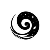 Intricate Black and White Circular Emblem Crescent Moon, Swirling Nebula, Stars, Feather, Cross, Artistic on White vector