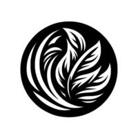 A stylized, monochromatic floral featuring layered white leaves and flowing forms within a black circular frame, set against a stark white background. vector