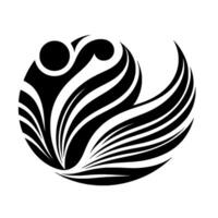 A stylized, symmetrical, monochrome emblem showcasing abstract organic forms flowing lines, circles, and wavelike shapes arranged within a circular composition. vector