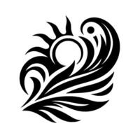 Abstract black tribal art featuring a sunlike circle, flowing wavelike elements, and sharp, leafshaped accents, on a clean white backdrop. vector