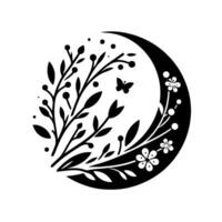 Black and white floral illustration of a crescent moon cradling stylized leaves, flowers, berries, and a butterfly, creating a symmetrical design. vector