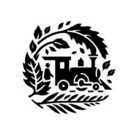 Silhouette of an antique steam train with a conductor, framed by a circular wreath of stylized leaves and branches. vector