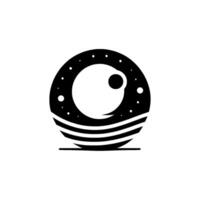 Abstract black and white circular featuring an eyelike with a starry night sky, water lines below, minimalist aesthetic. vector