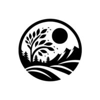 A minimalist black and white naturethemed depicting a stylized landscape within a circle, featuring a tree, mountains, sun, and firs. vector