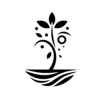 Minimalist Black and White Plant Illustration with stylized leaves, dots, and circular elements, emerging from a wavy potlike base against a plain white background. vector