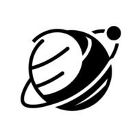 Bold, minimalist black and white illustration of a stylized planet with a ring system and a small orbiting celestial body, set against a clean white background. vector