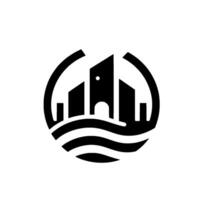Abstract black and white of stylized cityscape enclosed in a circle, above wavy lines suggesting water, with a minimalist, modern aesthetic. vector