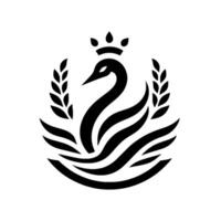 Royal Black Swan Crest, Crowned Surrounded by Wheat Stalks, Elegant on White Background. vector