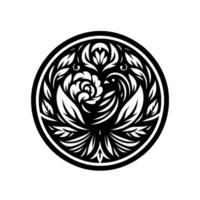 Intricate black and white circular featuring stylized birddove and floral elements, symmetrical composition with detailed linework. vector