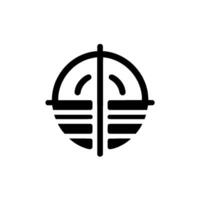 Geometric, minimalist black and white symbol, centered on a stark white background, composed of a circle, horizontal bars, and vertical line with curved elements. vector