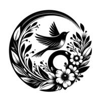 A stylized, black and white circular emblem featuring a flying bird surrounded by floral and leaf elements in a serene, delicate design. vector