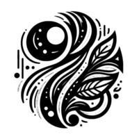 Abstract Circular Black and White Featuring Floral and Geometric Elements with Spirals and Dots, Decorative Composition. vector