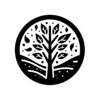 A monochrome stylized icon, a tree silhouette enclosed in a circle, showcasing leaves, dots, and landscape details. vector