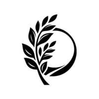 A monochrome minimalist featuring a stylized black leaf branch intertwined with a curved circle, set against a clean white background. vector