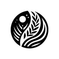 Yin Yang in Black and White with Moon, Stars, Wheat, and Abstract Lines Representing Balance and Natures Harmony. vector