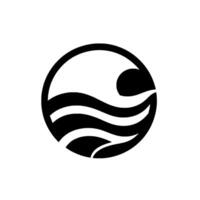 A minimalist black and white circular featuring stylized ocean waves and a breaking wave crest, evoking a sense of fluidity and calm. vector