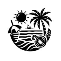 Black and White Coastal Paradise A Stylized Illustration of a Beach Scene Featuring Sun, Palm Tree, Boat, and Umbrella within a Circular Composition. vector