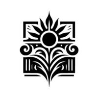 A symmetrical, black and white stylized illustration of a sunlike floral emblem within a rectangular frame, evoking ancient designs. vector