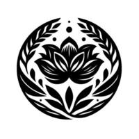 Black and white circular floral design, a lotus flower with symmetrical leaves and branches, contained within a circle, on a white background. vector