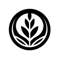 A minimalist featuring a stylized leaf or wheatlike emblem encapsulated within a bold, circular frame. vector