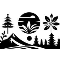 Minimalist Black and White Illustration Nature Scene with Trees, Mountains, Sun, Plants, and Geometric Composition. vector