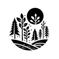 A minimalist black and white nature scene, featuring stylized trees, rolling hills, a river, and a full moon illustration, designed in a circular composition. vector