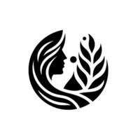 A minimalist black and white emblem, composed of a womans profile within a circle, combined with organic shapes suggesting leaves, expressing harmony and nature. vector