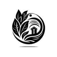 A stylized black and white emblem of a house within a circular design, featuring leaves and flowing lines representing nature and harmony. vector
