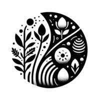 Monochromatic Floral Mandala A Geometric Black and White Composition with Abstract Plants, Flowers, Eggs and Circular Design, Suitable for Easter or Spring Decor. vector